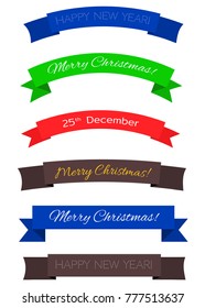 Set of color christmas ribbons: red, blue, green, black. With caption "Merry Christmas!" and "Happy New Year!". Vector illustration.