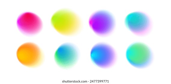 Set color circle gradient noise gradation. Abstract colorful watercolor blur mesh shape on white background. Gradient aura, grain neon blob with noise effect vector illustration.