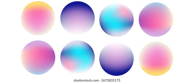 Set color circle gradient noise gradation. Abstract colorful watercolor blur mesh shape on white background. Gradient aura, grain neon blob with noise effect vector illustration. Eps10
