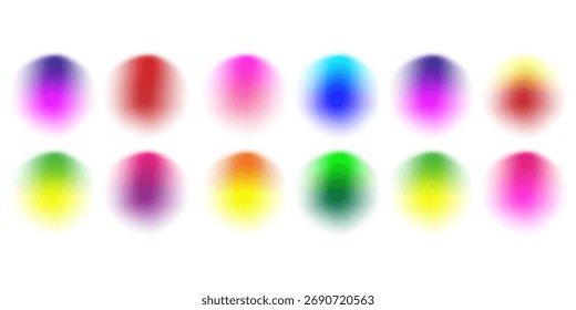 Definir a gradação de ruído de gradiente do círculo de cores. Abstrato colorido aquarela borrar forma de malha no fundo branco. Aura gradiente, bolha de neon de grão com efeito de ruído Eps10