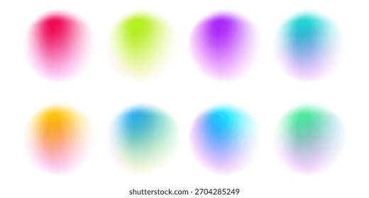 Set color circle gradient noise gradation. Abstract colorful watercolor blur mesh shape on white background. Gradient aura, grain neon blob with noise effect vector illustration.
