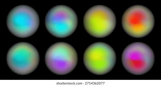 Farbkreis-Farbverlauf-Rauschabstufung festlegen. Abstrakte bunte Aquarell unscharf Mesh Form auf weißem Hintergrund. Farbverlauf-Aura, Neonfleck mit Rauscheffekt, Vektorgrafik.	