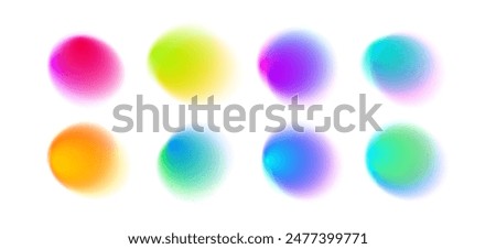 Set color circle gradient noise gradation. Abstract colorful watercolor blur mesh shape on white background. Gradient aura, grain neon blob with noise effect vector illustration.