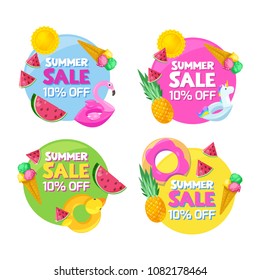 Set of color circle summer fashion sale banners. Stickers, badges, labels and tags design templates. Vector beach and tropical illustration.