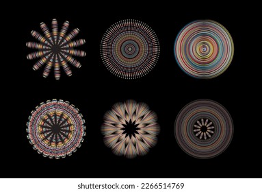 A set of color circles round curve shapes with dynamic dots and lines is isolated on the concept of black background technology. Circular flower-like light frame border. for badge, price tags, labels