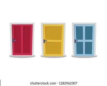 
set of color closed doors. pink, yellow and blue. vector cartoon illustration