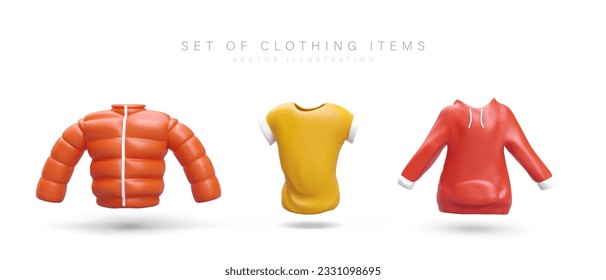 Set of color clothes images. 3D padded jacket, t shirt, hoodie. Womens and mens clothing for different seasons. Modern fashion, daily outfit. Isolated vector symbols