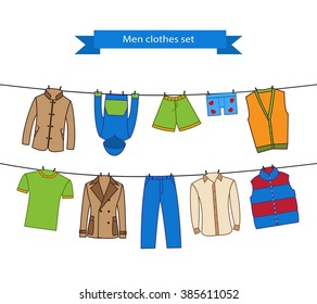 Set of color clothes for the man on the clothes line. Collection of colorful clothing in a linear style for the man.  Vector illustration set for your design