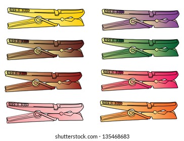 Set of color clothespins. Vector.