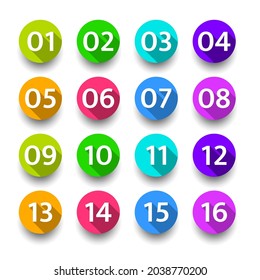 Set Color Collection Point 0 to 15 Colorful Numbers Icon Label Sign Brand Tag Banner Ribbon Isolated Background Vector Design Style Illustration