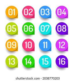 Set Color Collection Point 0 to 15 Colorful Numbers Icon Label Sign Brand Tag Banner Ribbon Isolated Background Vector Design Style Illustration