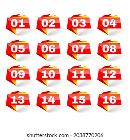 Set Color Collection Point 0 to 15 Colorful Numbers Icon Label Sign Brand Tag Banner Ribbon Isolated Background Vector Design Style Illustration