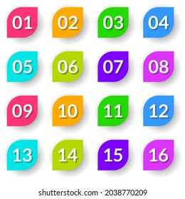 Set Color Collection Point 0 to 15 Colorful Numbers Icon Label Sign Brand Tag Banner Ribbon Isolated Background Vector Design Style Illustration