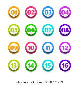 Establecer el punto de colección de color 0 a 15 números coloridos Icono Etiqueta de firma Etiqueta de marca Banner Cinta de opciones de diseño de vectores de fondo aislado Ilustración