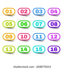 Set Color Collection Point 0 to 15 Colorful Numbers Icon Label Sign Brand Tag Banner Ribbon Isolated Background Vector Design Style Illustration