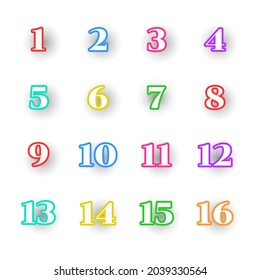 Establecer el punto de colección de color 0 a 15 números coloridos Icono Etiqueta de firma Etiqueta de marca Banner Cinta de opciones de diseño de vectores de fondo aislado Ilustración