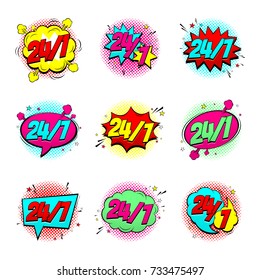 Set of Color Comic Speech Bubbles Open 24/7 Hours. Collection of Dynamic Cartoon Symbols Isolated on White Background. Vector Illustration in Pop Art Style.