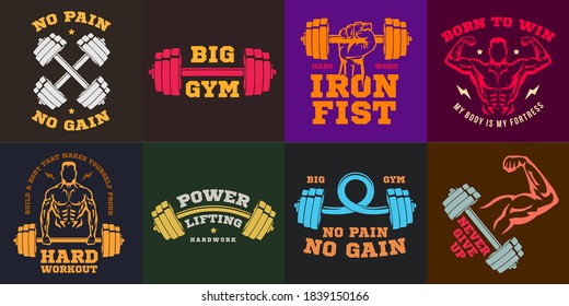 Set of color concept composition for sport gym, fitness bodybuilding. Design elements for emblem, print, badge, label in vintage style. Vector illustration.