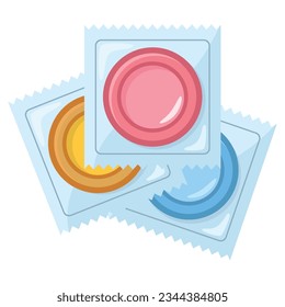 Setzen Sie Farbe Kondom verpackt einzeln. Verhütungsmittel auf weißem Hintergrund. Sexualschutz. Kondom in Paket setzen. Sicheres Liebessymbol. Farbige flache Symbole auf weißem Hintergrund