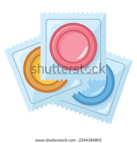Set color Condom packed isolated. Contraceptive on white background. Sex protection. Set condom in package. Safe love symbol. Colored flat icons on white background