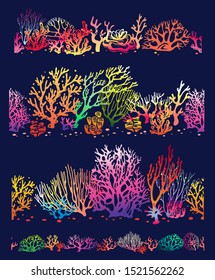 Set of color Corals borders seamless patterns. Underwater pattern design