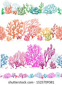 Set of color Corals borders seamless patterns. Underwater pattern design