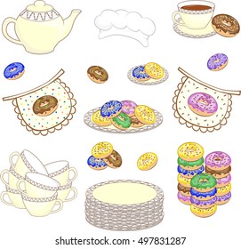 Set of color culinary pictures with donuts. Cups, plates, donuts, teapot, apron, cook cap.  Vector illustration.