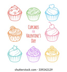 Set of color cupcakes. Cupcakes for Valentine's Day. Vector clip-art illustration on a white background. Muffins in line-art style