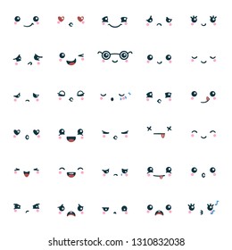 Set of color cute kawaii emoticons emoji. Expression faces in the style of Japanese anime, manga. Vector illustration.