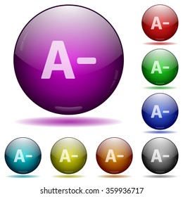 Set of color Decrease font size glass sphere buttons with shadows.
