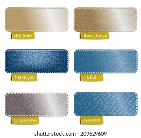 Set of color denim texture with sewing and red labels, vector illustration