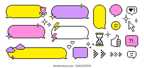 Set of color dialog box on white. Pixel art empty speech bubbles. Chat balloon for text message, retro game interface, social media, old-school digital design. 8 bit pixelated isolated vector elements