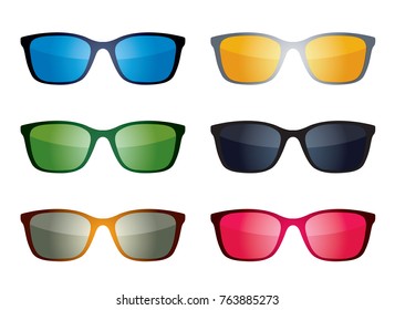 Set of color different styles sunglasses. Fashion and lifestyle. Fashionable eyeglass frame shape. Vector outline files, black silhouettes separated on a white background.
