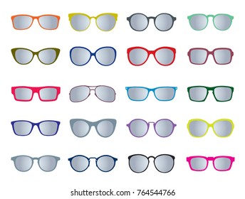 Set of color different styles sunglasses. Fashion and lifestyle. Fashionable eyeglass frame shape. Vector outline files, black silhouettes separated on a white background.