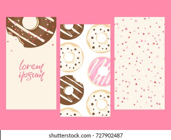 Set of color donuts card. Vector illustration of chocolate, glazed donuts. Seamless pattern with glazed hearts. Food, pastry poster. Template for design.