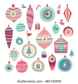 Set of color doodle Christmas balls and New Year symbols. Colorful isolated icons. Illustration for t-shirts, banners, greeting card, flyers and other types of business design.