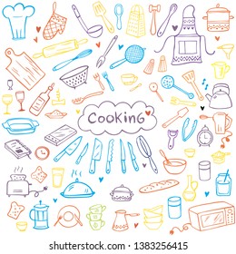 Set of color doodle kitchen tools on white background. Doodle kitchen equipments. Vector illustration. Can be used for wallpaper, pattern fills, textile, web page background, surface textures.