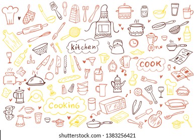 Set of color doodle kitchen tools on white background. Doodle kitchen equipments. Vector illustration. Can be used for wallpaper, pattern fills, textile, web page background, surface textures.