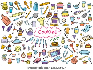 Set of color doodle kitchen tools on white background. Doodle kitchen equipments. Vector illustration. Can be used for wallpaper, pattern fills, textile, web page background, surface textures.