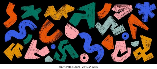 Set of color doodle modern figures, cloud, spiral, zigzag, stars, arch, other primitive elements, icons. Abstract geometric shapes drawn with brushstroke. Style art kid vector geometric graphic shapes