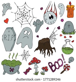 set of color doodles - hat, cat, broom, spider, fly agaric, book, vector decorative element for halloween celebration in doodle style, color illustration