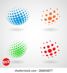 Set of color dotted 3d spheres. Abstract vector business logo elements.