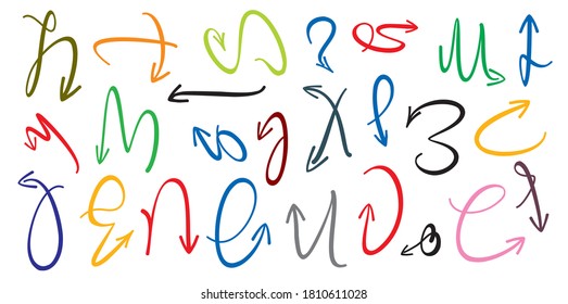 Set of color drawing arrows and icons. Vector background. Graphic for website.