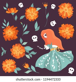 Set of color drawings in Cartoon style Day of the Dead. Dea de los muertos. Mexican symbols.