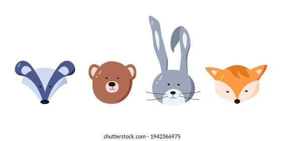 A set of color drawings of forest animals, the head of a bear, a hare, a fox and a badger