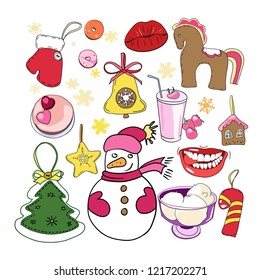 Set of color drawings in a vector, New Year's and Christmas toys, angels, gifts, cards