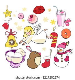 Set of color drawings in a vector, New Year's and Christmas toys, angels, gifts, cards