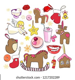 Set of color drawings in a vector, New Year's and Christmas toys, angels, gifts, cards
