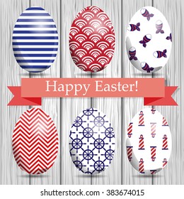 Set of color Easter eggs on wooden white background. Set of realistic eggs. Vector illustration. Vintage designs. Happy Easter card.