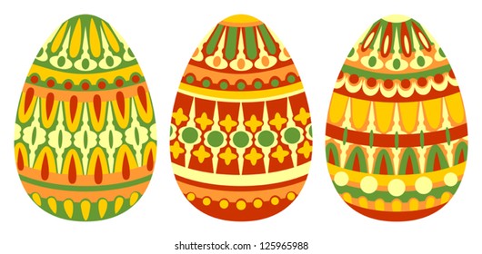 Set of Color Easter Eggs with Patterns on White Background, Vector Version